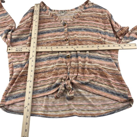 One World Striped Button-Front Top L Polyester/Spandex Blend - Picture 2 of 5